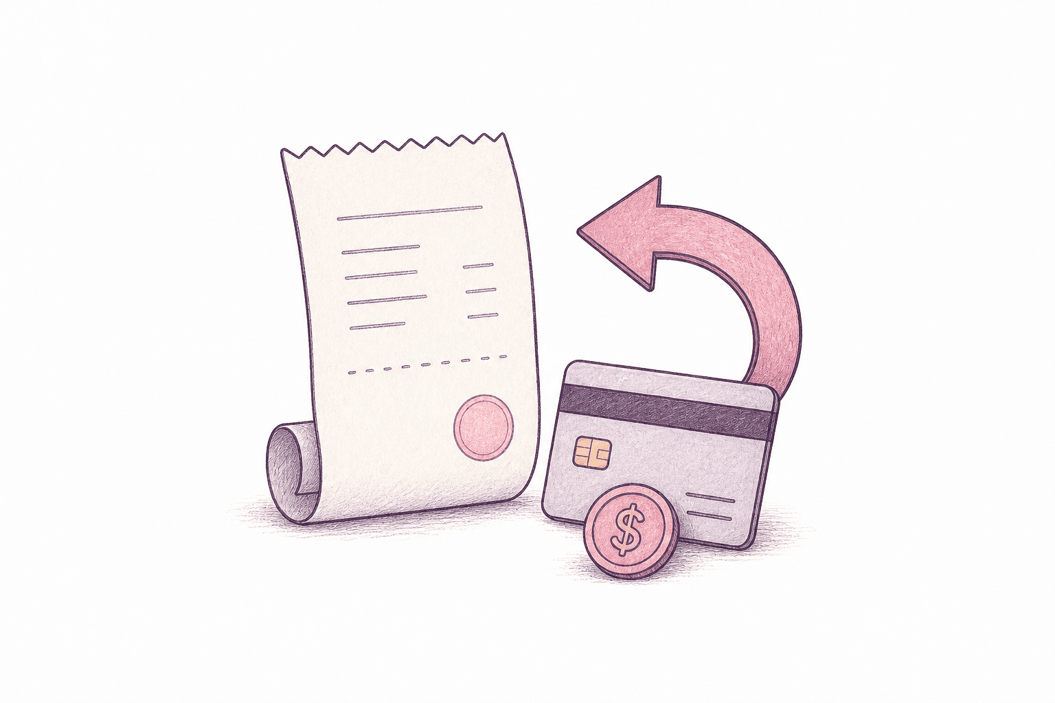 Editorial illustration of a receipt and reply motion for a refund.
