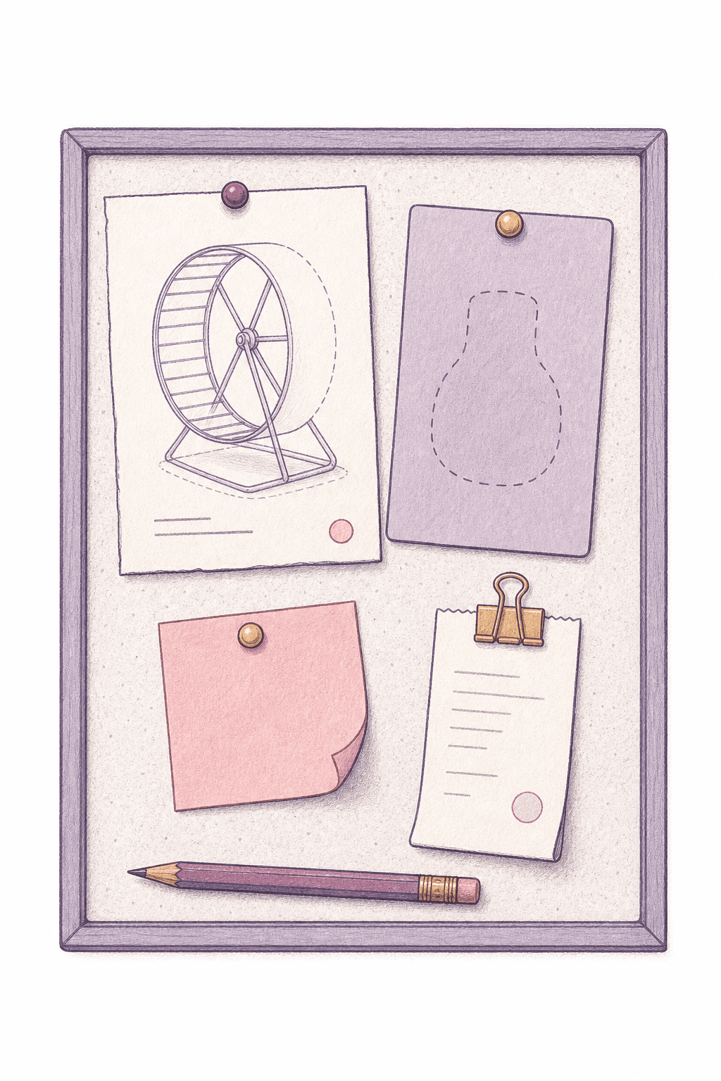Editorial illustration of a workshop board with a pinned concept sketch and a hidden product silhouette.