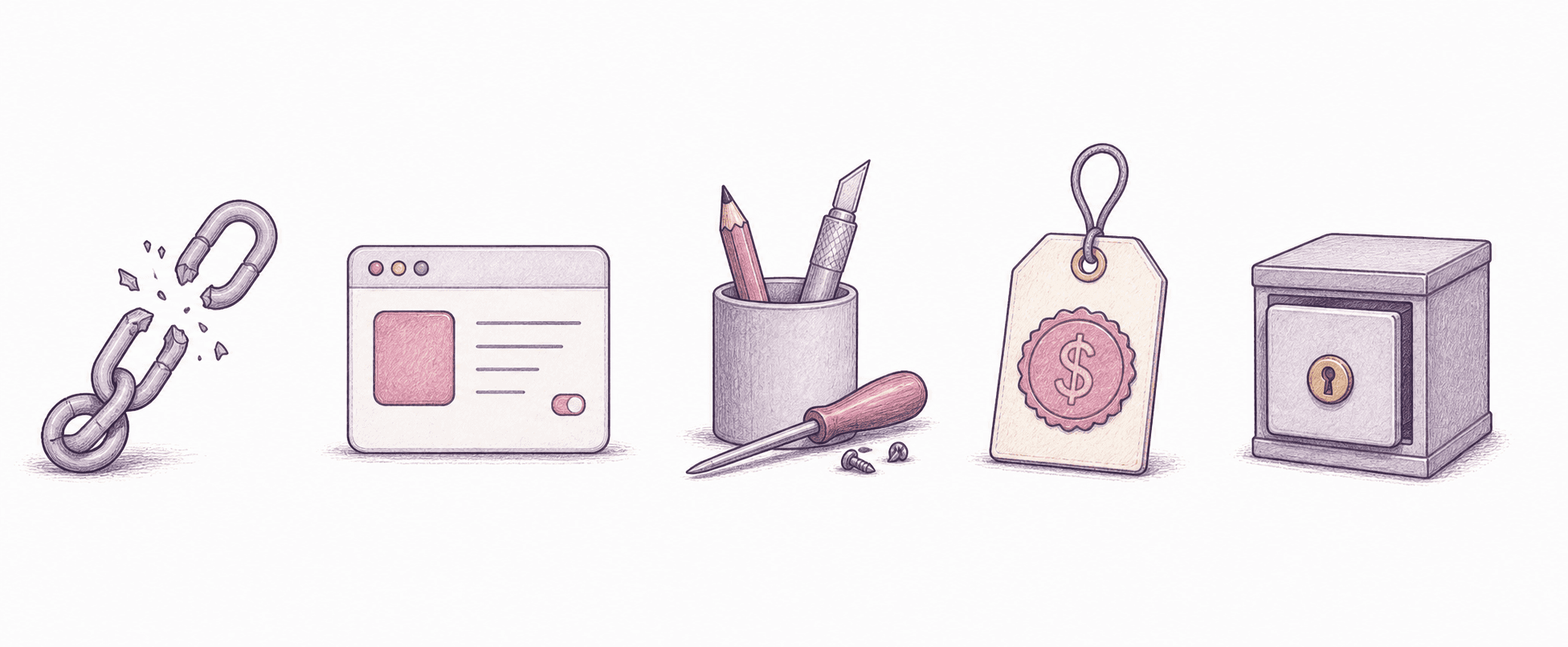 Editorial strip of five symbolic icons representing the manifesto principles.