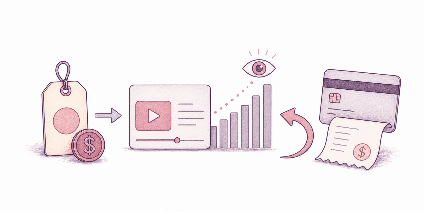 Editorial illustration showing buy once, post once, then get refunded based on reach.