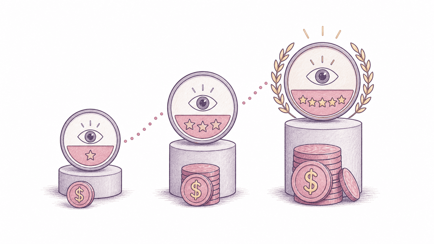 Editorial illustration of three escalating refund tiers based on audience reach.